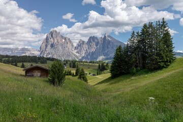 Seiser Alm, Dolomites alps landscapes at day timen with stunning mountain range