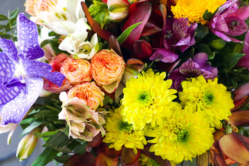 Top view of a bright beautiful bouquet of fresh flowers.