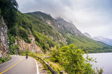 Bike tour by the Carretera Austral landscape at Patagonia - Chile.