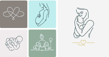 Motherhood,  pregnant women and baby logos, hand-drawn style vector  icons