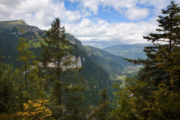 View down the lower Lauterbrunnen valley towards Wilderswil and Interlaken from the Leiterhorn lookout, Bernese Oberland, Switzerland