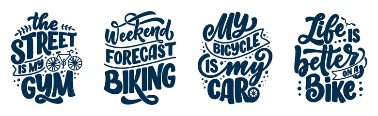 Set woth lettering slogans about bicycle for poster, print and t shirt design. Save nature quotes. Vector illustration - obrazy, fototapety, plakaty