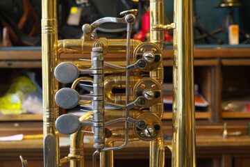 Trompete Instrument Blechblasinstrument Musik
Töne Luftklappen Kupfer Holz Instrumentenbauer
Gold 
