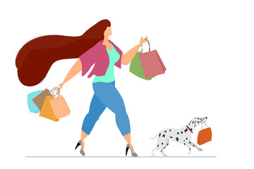 The woman is shopping, the dog helps to carry the package. Walking to the supermarket together. Body positive, friendship with a pet. Isolated on white, Vector in a flat style.