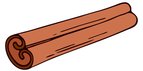 Vector illustration. Cinnamon stick isolated on white. Delicious spicy seasoning for dessert, coffee, baking, mulled wine and eggnog. Hand drawn doodle clipart. Perfect for menu, poster, food banner