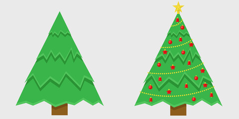 Green Christmas tree and decorated Christmas tree set. New year symbol.
