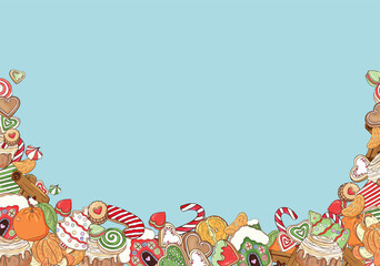 Christmas background. Greeting card, invitation template with traditional christmas and new year sweets. Color gingerbread house icons, cookies, candy cane, citrus. Hand drawn style holiday symbols.