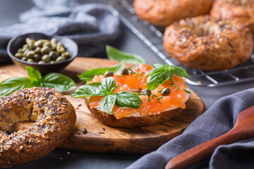 Plating, fast lunch, meal. Bagels with cream cheese and salmon