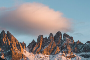 Naklejka premium Dolomites, Italy: panorama of the Geisler mountain at sunset - horizontal image.