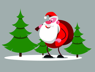 Funny Santa Claus comes with a bag of gifts among the trees. Happy New Year 2021. Stoke vector illustration.