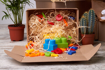 Сonstructor blocks and letters for kids. Open parcel with wood shavings filler. Houseplants on rustic wooden floor.