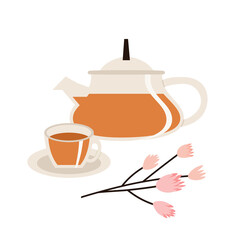 Vector illustration of the glass teapot, a glass cup of tea, and a branch of flowers isolated on white background. Hand-drawn black tea set in calm colors. Trendy illustration for web and print design