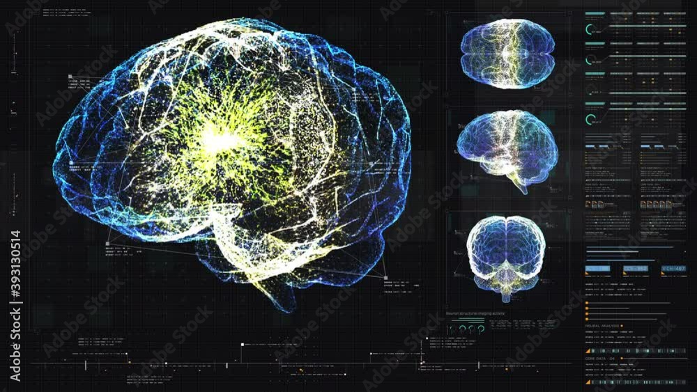 Aufkleber Futuristic holographic simulation of artificial neural networks, artificial intelligence deep learning performing analytic computational head up display background