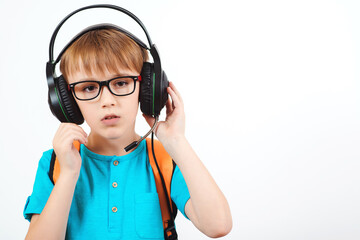 Boy in glasses wearing headset with microphone, isolated on white. Remote education.