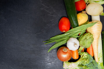 Still life of assorted vegetables viewed from above. copy space