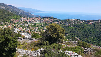 Fototapeta na wymiar Aerial view of the La Turbie and the Trophee des Alpes, Cote d'Azur, France