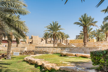 Green palm trees growing in the park in the Ruins of Diraiyah, also as Dereyeh and Dariyya, a old town in Riyadh, Saudi Arabia