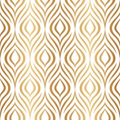 Vector seamless pattern. Gold abstract geometric background. Modern stylish floral texture. Golden lattice. Peacock feather. Bohemian design for prints. Repeating elegant flowers. Ditsy bird plumage 