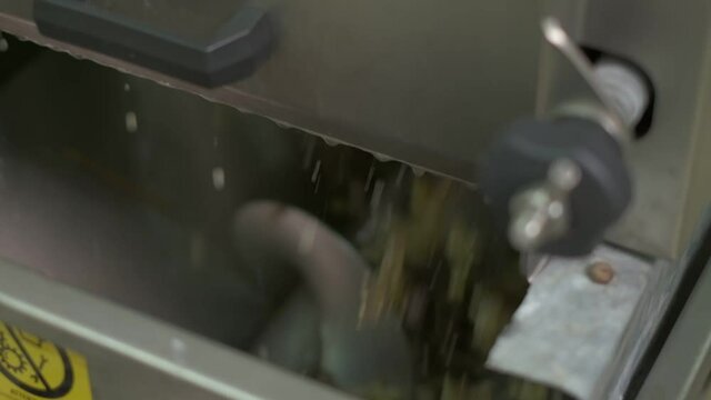 Rotary press squeezes juice from green grapes. Slow motion