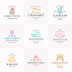 Premium Confectionary Abstract Signs, Symbols or Logo Templates Collection. Hand Drawn Ice Cream, Donut and Cakes with Modern Typography. Local Bakery Vector Emblems Concepts Bundle. Isolated