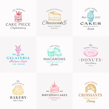 Premium Confectionary Abstract Signs, Symbols or Logo Templates Collection. Hand Drawn Ice Cream, Donut and Cakes with Modern Typography. Local Bakery Vector Emblems Concepts Bundle. Isolated