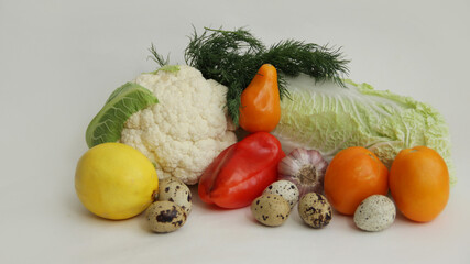 fresh vegetables, cabbage, cauliflower, sweet pepper, quail eggs, garlic, tomatoes, walnuts 
