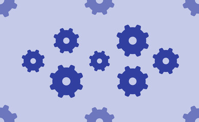 Seamless pattern of large isolated blue gear symbols. The pattern is divided by a line of elements of lighter tones. Vector illustration on light blue background