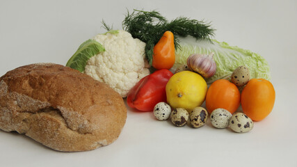 fresh vegetables, cabbage, cauliflower, sweet pepper, quail eggs, garlic, tomatoes, walnuts and bread