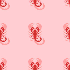 Seamless pattern of large isolated red scorpio symbols. The elements are evenly spaced. Vector illustration on light red background