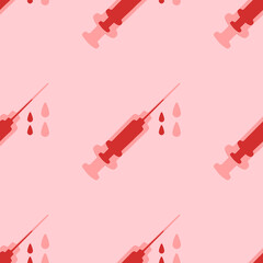 Seamless pattern of large isolated red syringe symbols. The elements are evenly spaced. Vector illustration on light red background