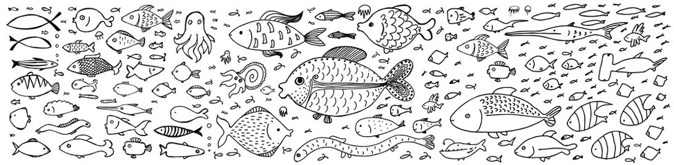 Hand Drawn Logo Template or Doodle Fishes Isolated on White
