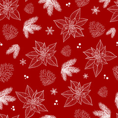 Nappe de table Modèle sans couture avec fleur de poinsettia dessinée à la main et branche florale, baie, flocon de neige, GUI, arbre de Noël.
