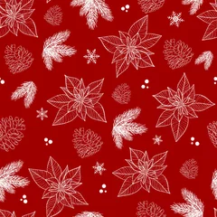 Behang Naadloze patroon met hand getrokken poinsettia bloem en bloementak, bes, sneeuwvlok, maretak, kerstboom. © ku4erashka
