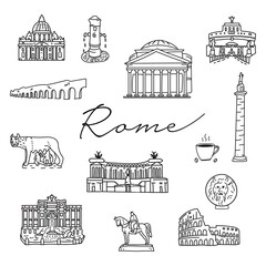 Plakat Italy Rome hand drawn doodle icons. travel architecture. Fountains, cathedrals. Italian symbols outline drawing clipart.