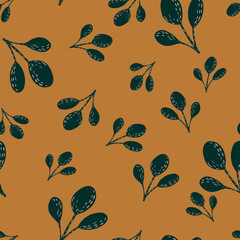 Random seamless doodle pattern with autumn simple leaf silhouettes. Brown ornament on orange background.
