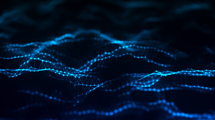 Digital dynamic cyber wave. Abstract futuristic blue background with dots and lines. Big data visualization. 3D rendering.