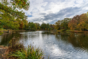 Lake of the Palm Garden park in autumn in Leipzig