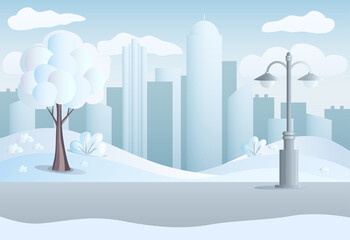 Winter  City Landscape Background in flat style with buildings park tree bushes lantern clouds