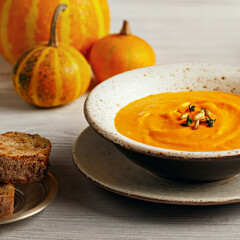 Pumpkin soup, pumpkins - food autumn concept background