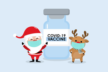 Corona virus (COVID-19) Vaccine with cute Santa Claus and deer. Holidays cartoon character. -vector