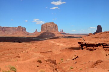 Monument valley late afternoon, Sentinel Mesa, West Mitten butte, East Mitten Butte, Merrick Butte, cowboy on horse, John Fords Point