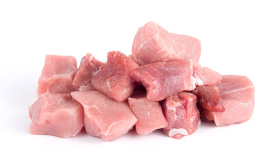 Pile of pork uncookes chopped cubes close up isolated on white background