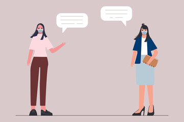 People wearing a face mask and keep distance when talking together.