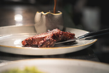 A pan fried sirloin steak.