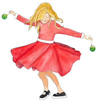 A small girl with a christmas dress dancing with christmas balls in her hands.