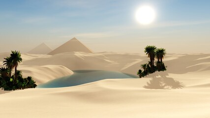 Fototapeta na wymiar Beautiful oasis in the sandy desert, panorama of the desert landscape, sunset over the sands, 3D rendering