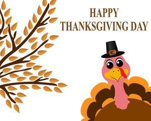 Thanksgiving cartoon turkey stands on a white background. Vector illustration for the holiday