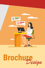 Woman working, typing and sending messages. Work, table, computer flat vector illustration. Workplace and communication concept for banner, website design or landing web page