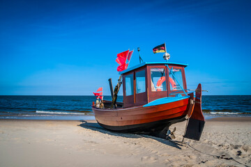 Traditional fishing boat and equipment at the coast of the Baltic Sea, Germany