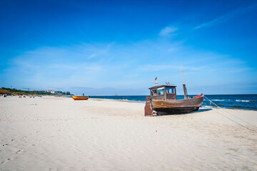 Traditional fishing boat and equipment at the coast of the Baltic Sea, Germany